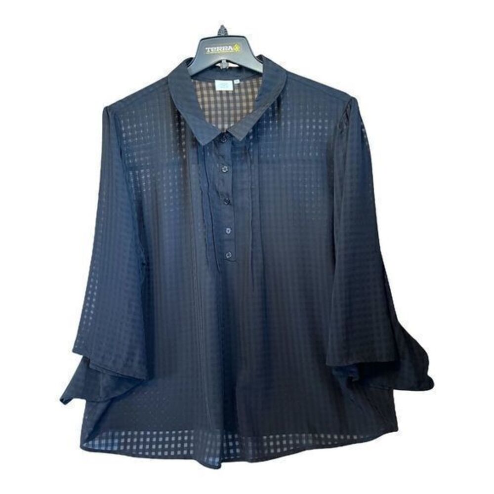 Nordstrom Blouse Womens Size 3X Black Good Luck Gem Sheer Gingham Flutter Sleev*
